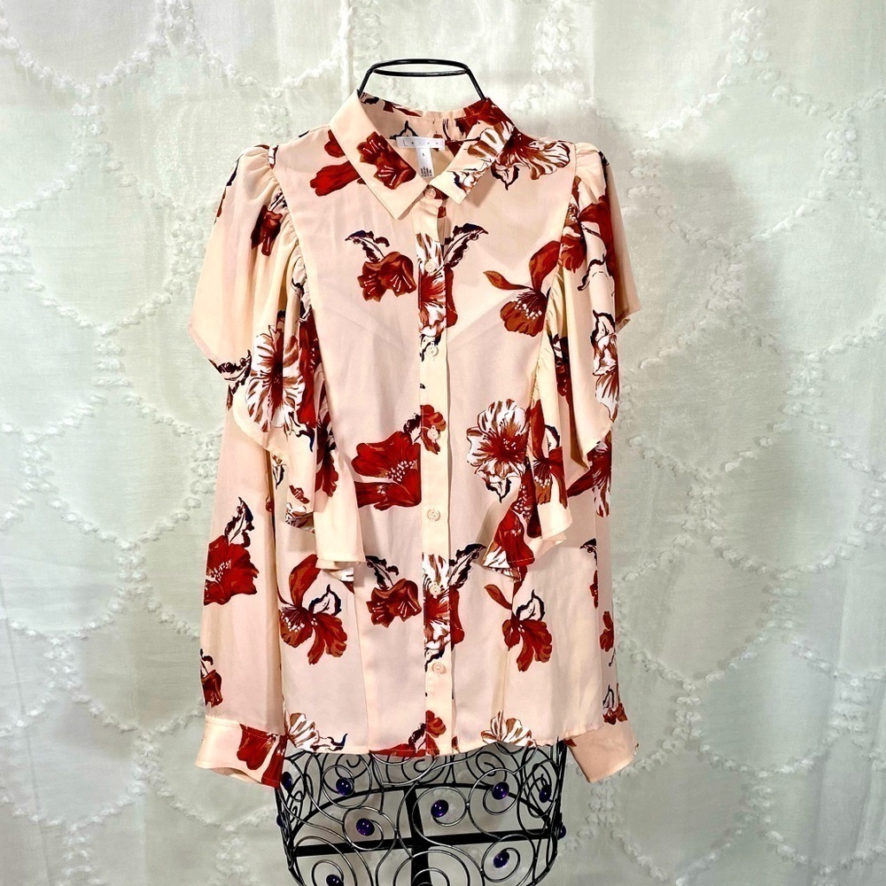 Leith pink floral Hibiscus ruffle button down blouse size s